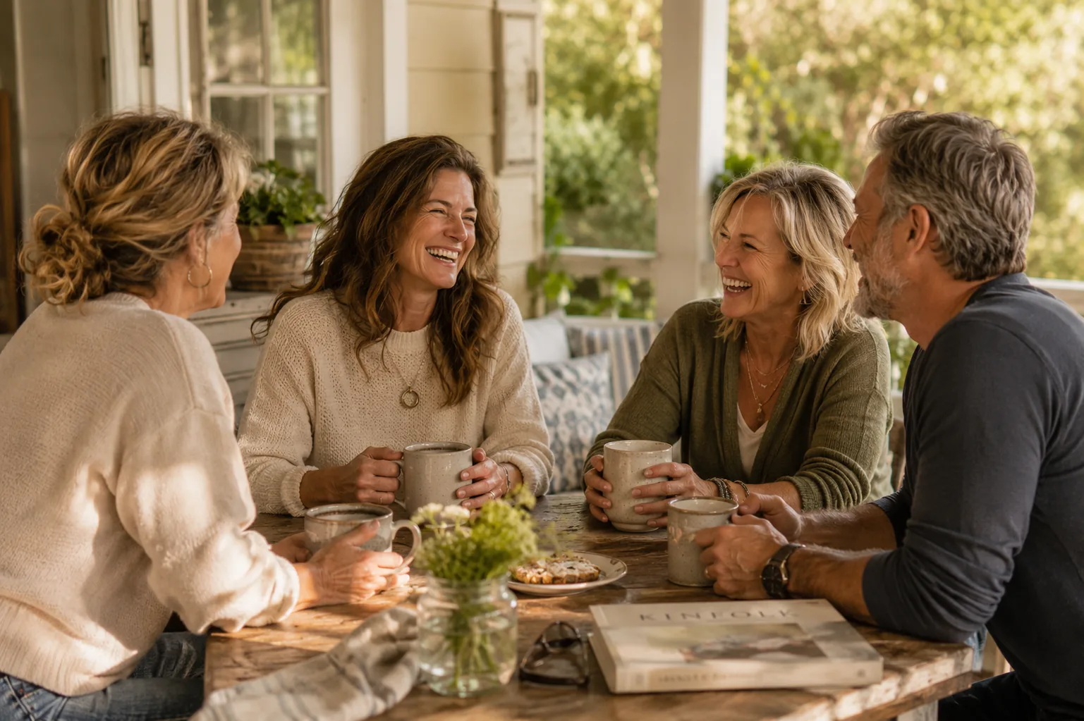 Four friends laughing together over coffee at a sunlit porch table, leaning in with easy, genuine warmth