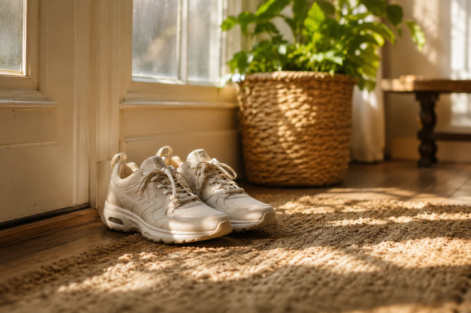 A pair of cream walking shoes resting on a woven jute rug in a sunlit doorway, beside a leafy potted plant